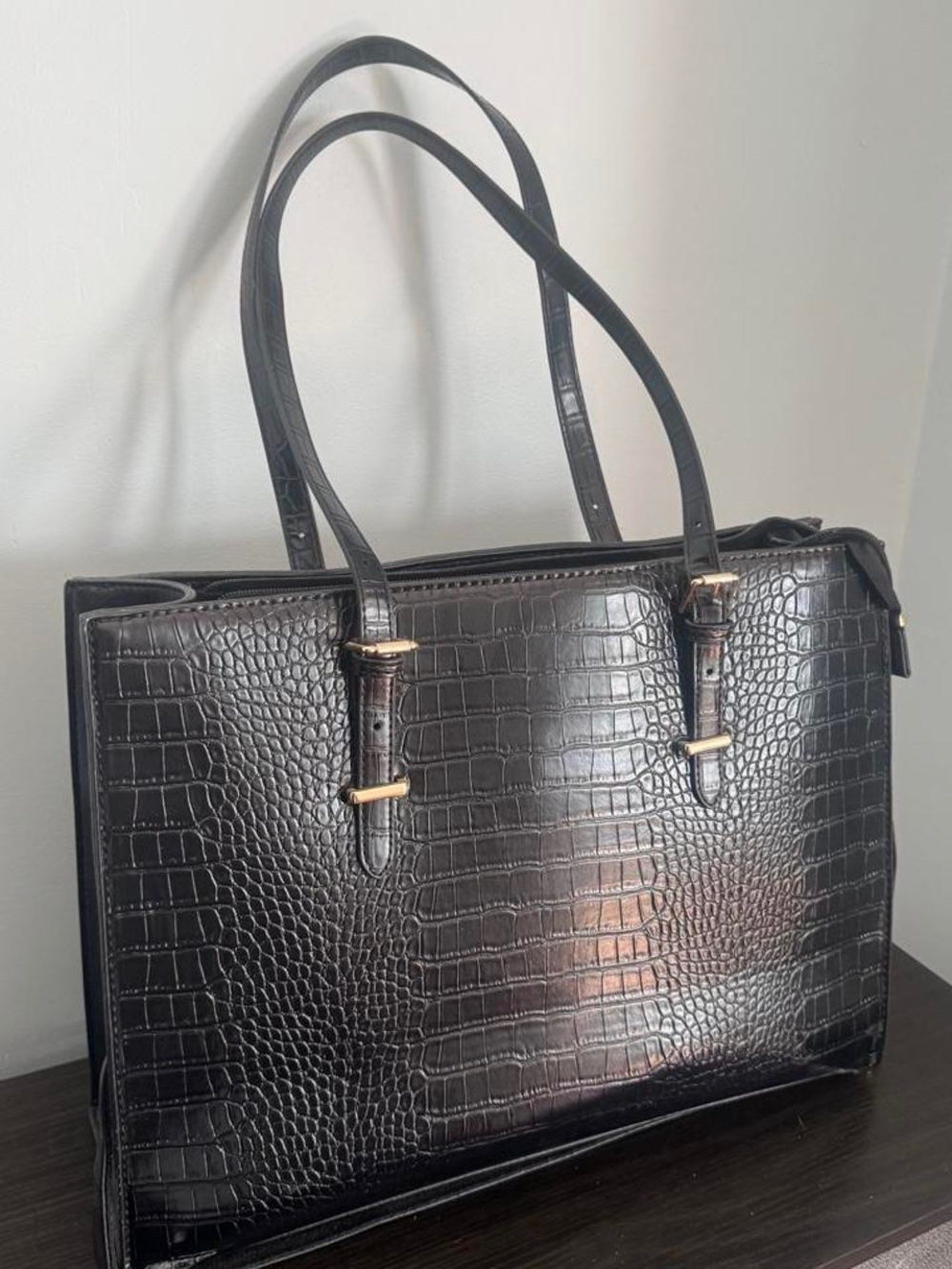 Black Croc-Embossed Tote Bag